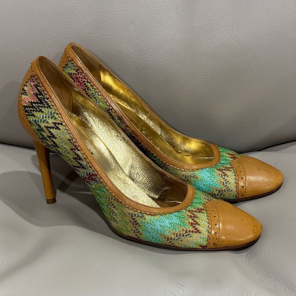 Missoni Beige Leather- Aqua Green Multi Knit Heeled Pump Sz 7 1/2